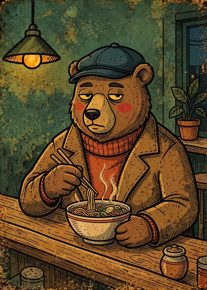 Bear Eating Ramen in Vintage Style