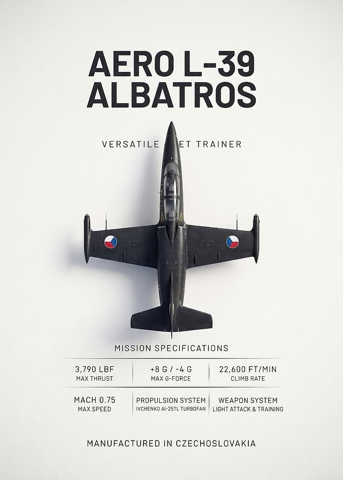 white background black sleek Aero l39 jet poster