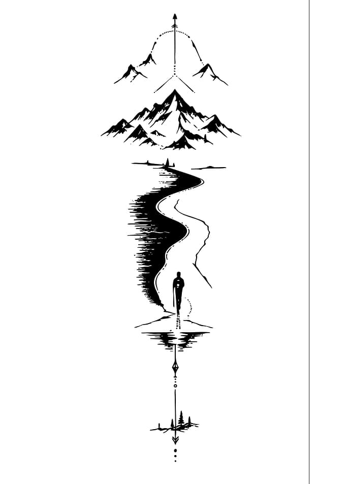Minimalist Mountain and Hiker Tattoo Design