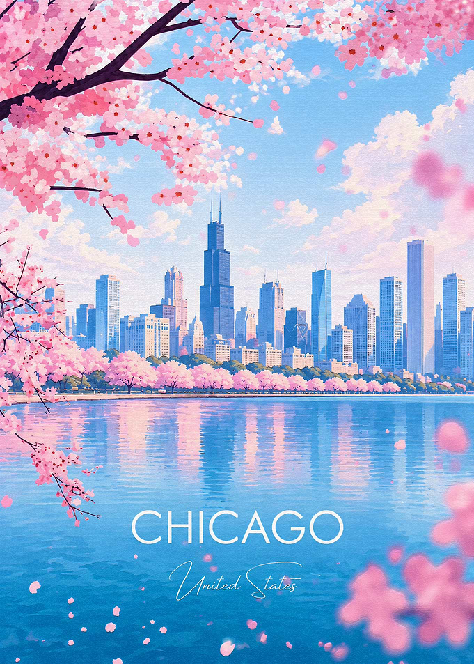 Chicago Skyline with Cherry Blossoms