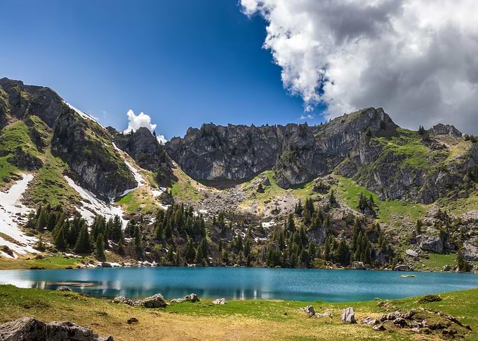 Alpine Lake Surrounded by Mountains