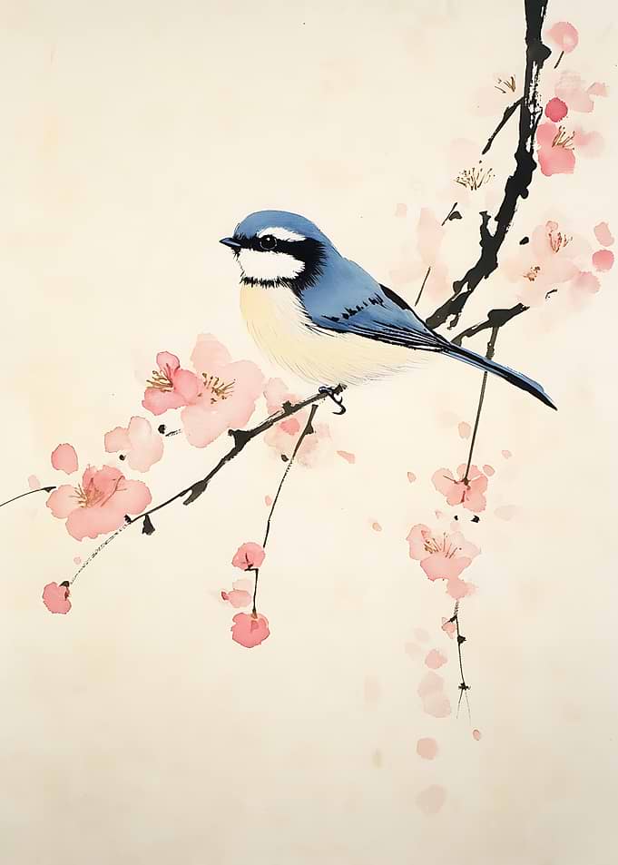 Blue Bird on Cherry Blossom Branch