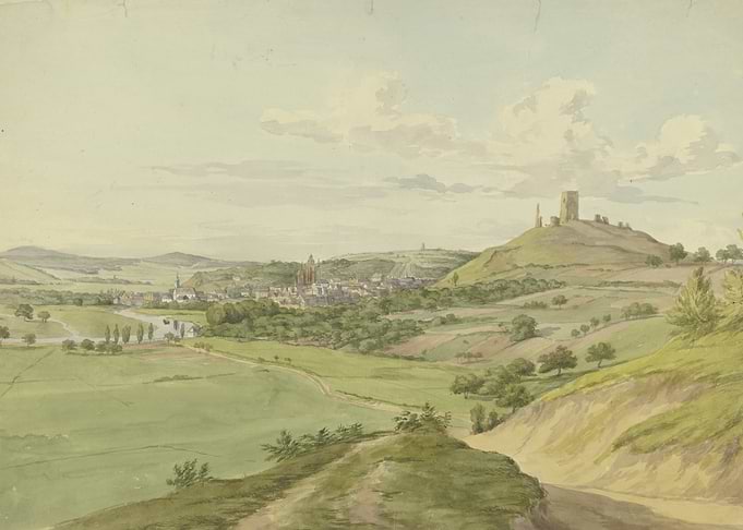 Watercolor Landscape of a Medieval Town