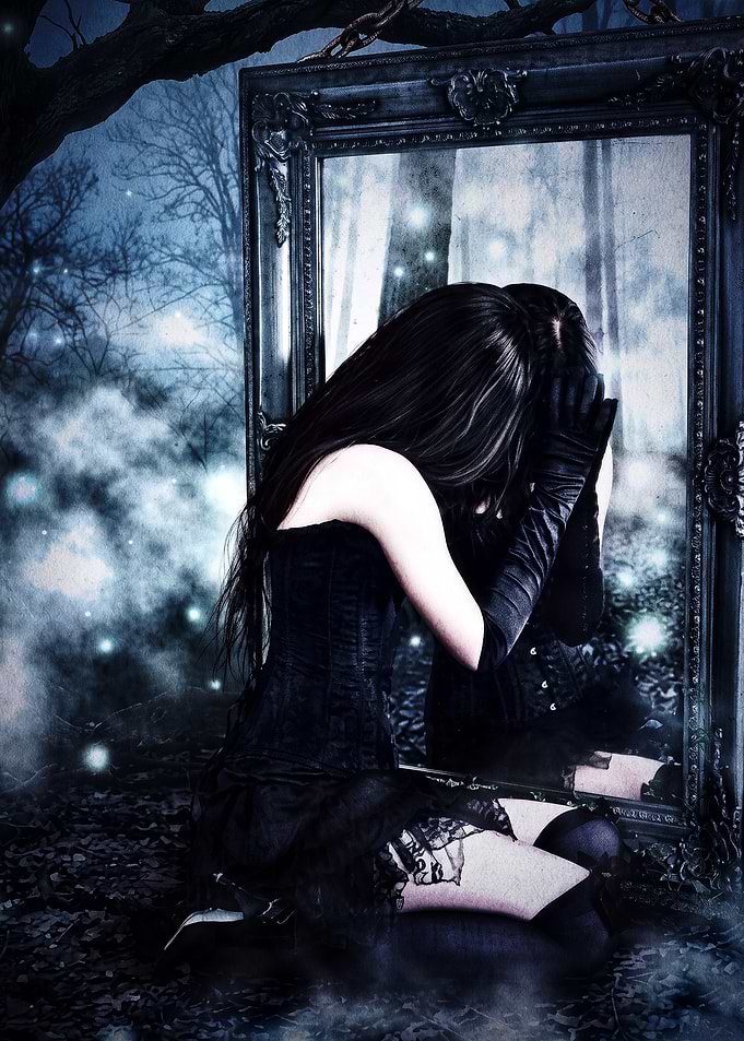 Gothic Girl Kneeling Before Mirror