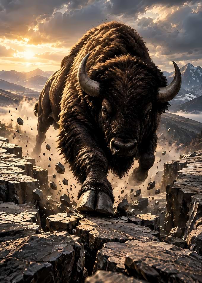 Powerful Bison Charging Through Rocky Terrain
