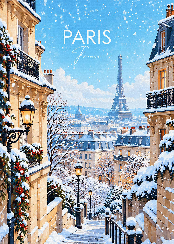 Snowy Paris Street View Poster