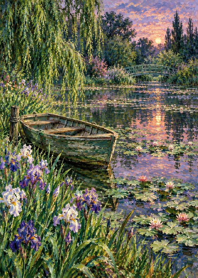 Impressionist Garden Pond with Boat