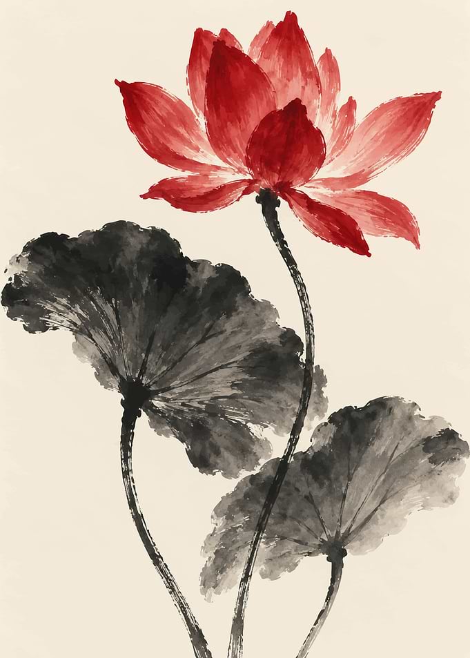 Red Lotus Flower Ink Wash Painting