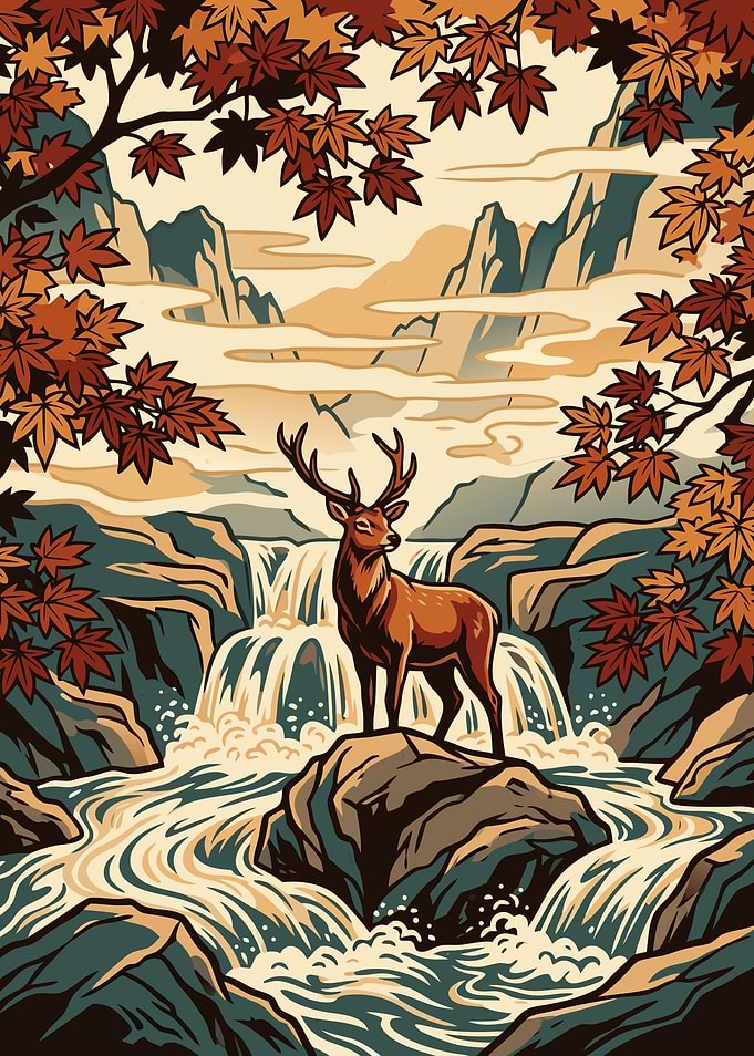 Majestic Stag in Autumn Waterfall Landscape