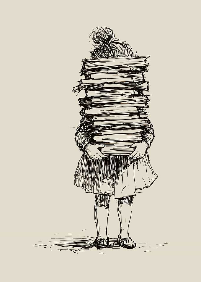 Girl Carrying a Stack of Books