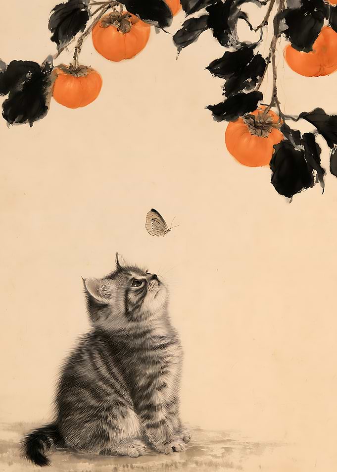 Kitten Watching a Butterfly Under Persimmons