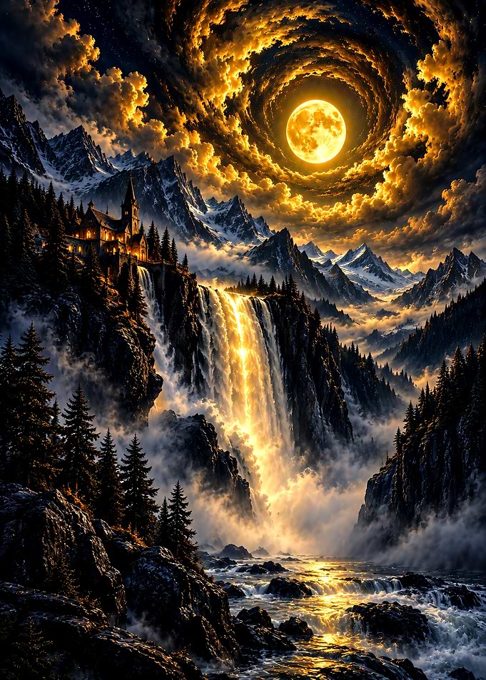 Golden Moon Over Mountain Waterfall