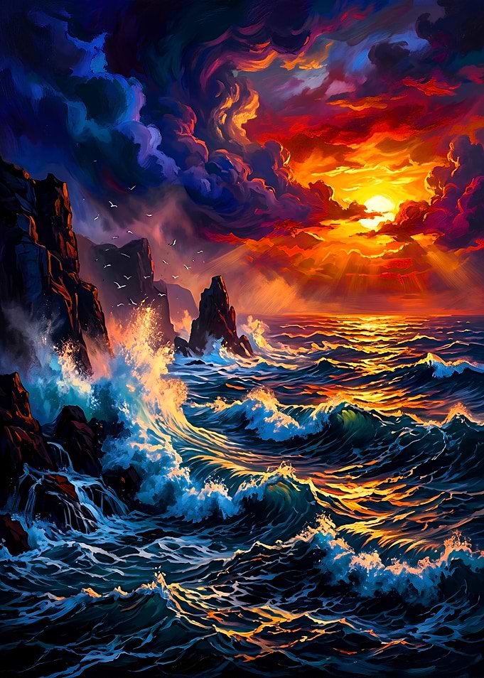 Dramatic Ocean Sunset Against Rocky Cliffs