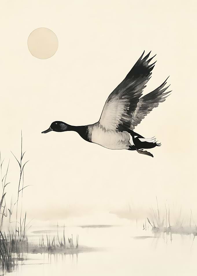 Minimalist Ink Wash Duck in Flight