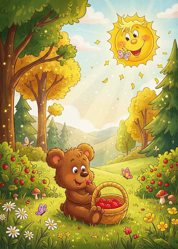 Cute Bear Eating Berries Cartoon