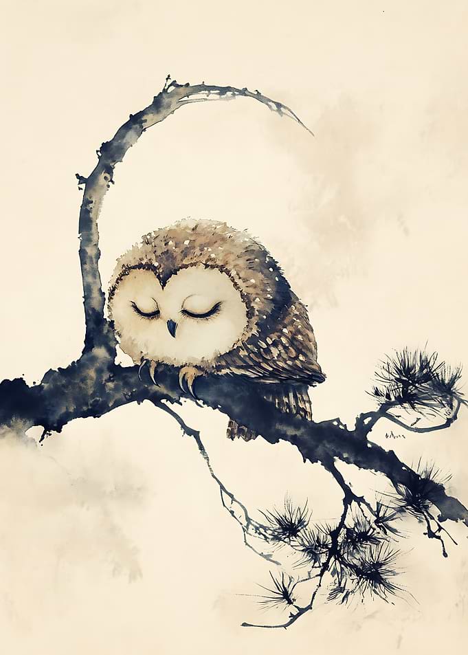 Sleeping Owl on Pine Branch