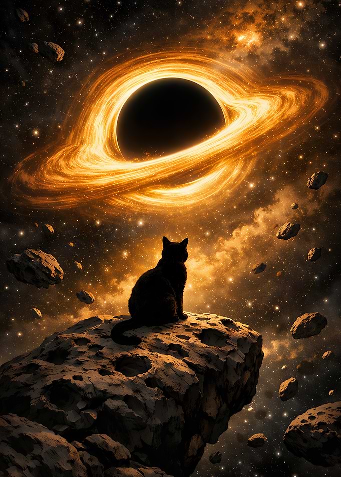 Black Cat Watching a Golden Black Hole