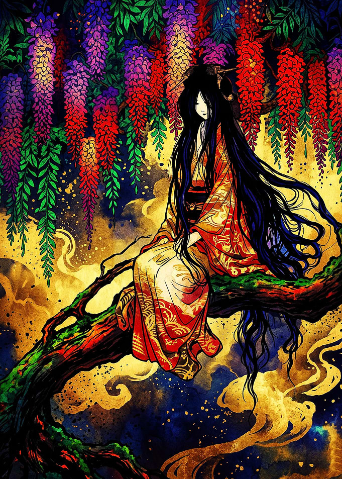 Woman in Kimono Under Wisteria