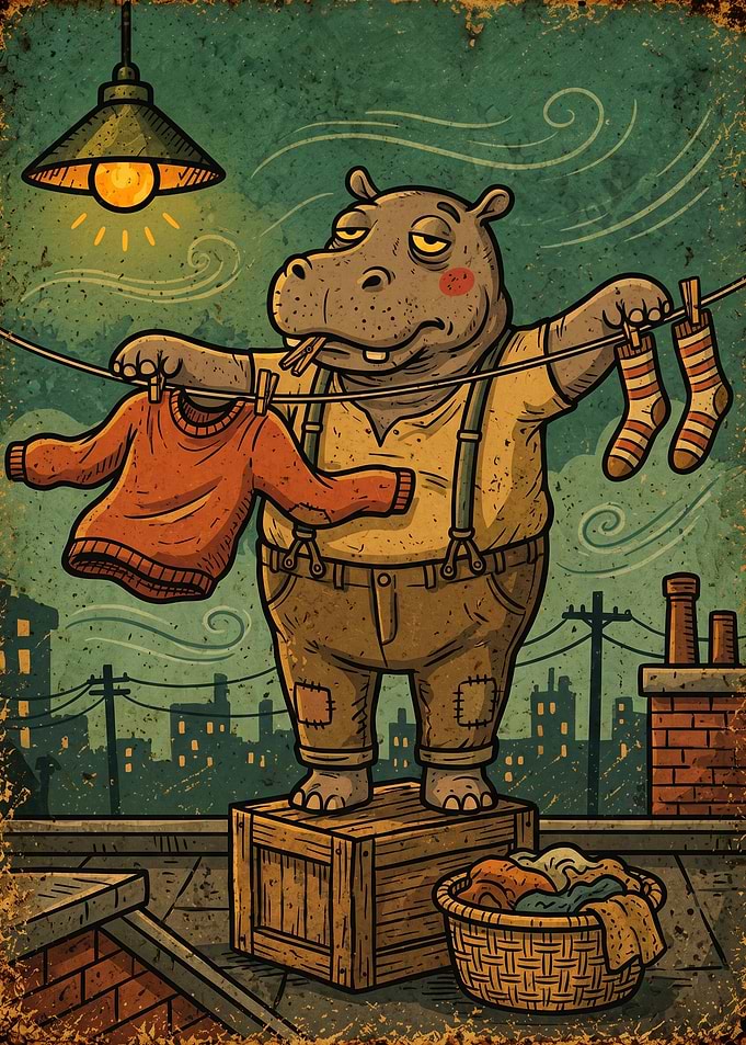 Hippo Hanging Laundry on Rooftop