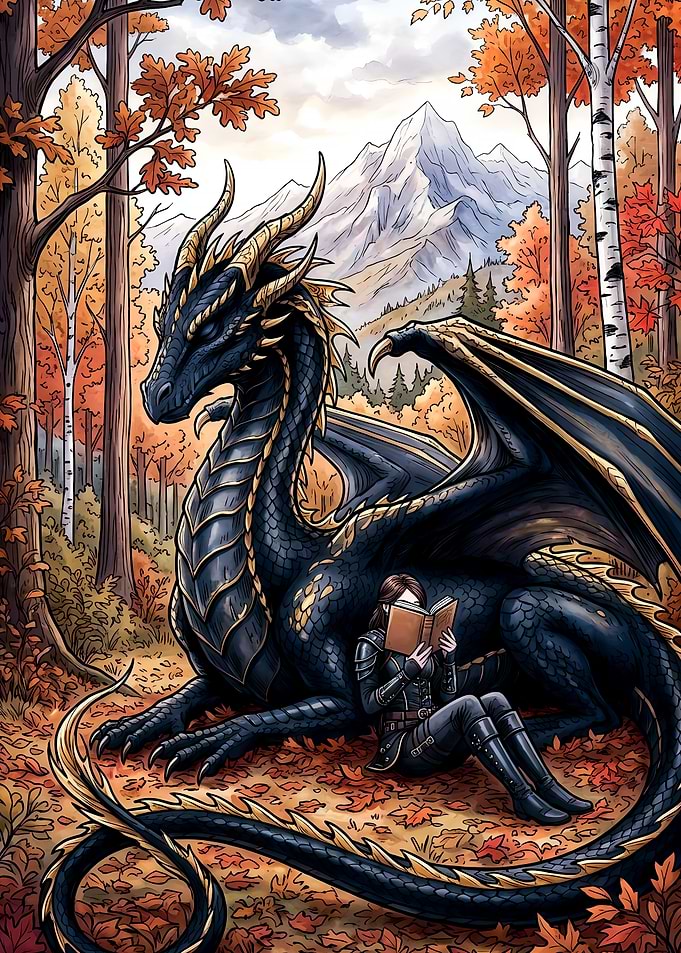 Dragon and Reader in Autumn Forest