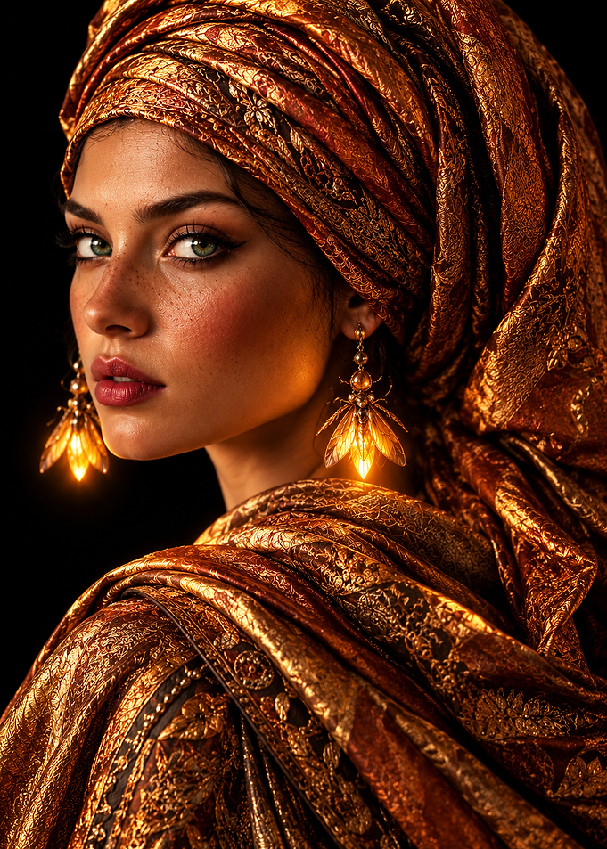 Woman in Golden Fabric and Earrings