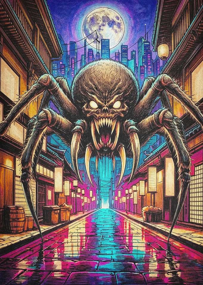 Giant Spider Cyberpunk City Art