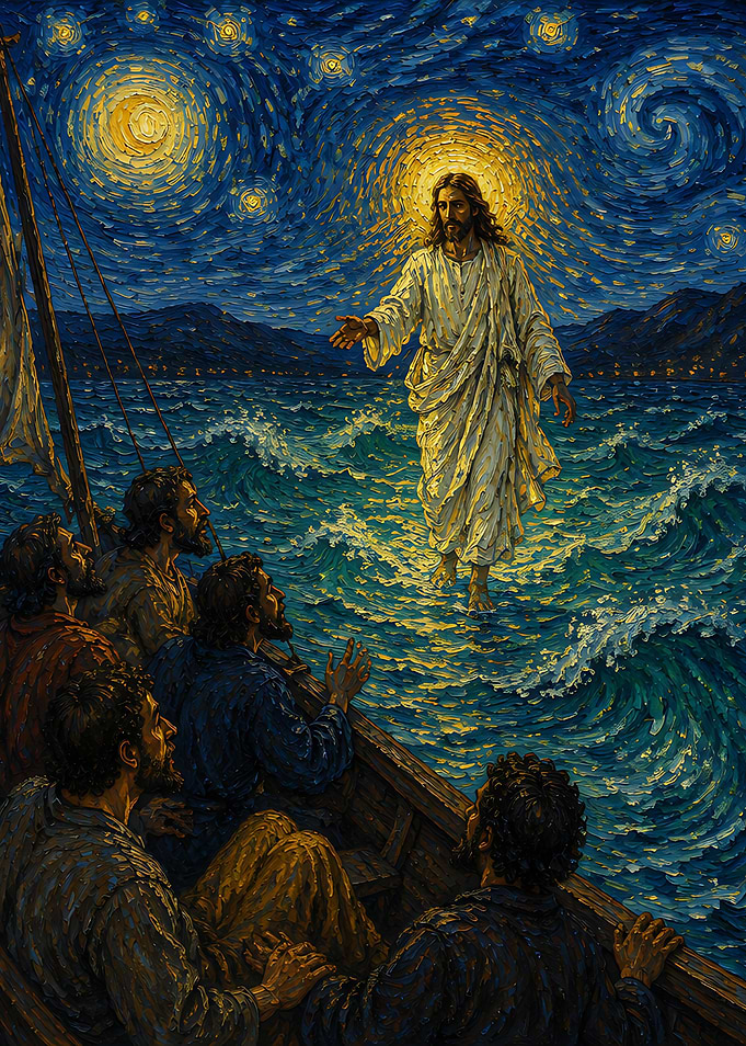 Jesus Walking on Water Van Gogh Style