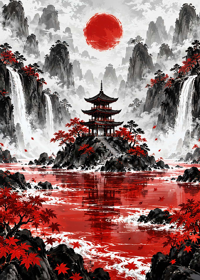 Pagoda in Red Maple Landscape