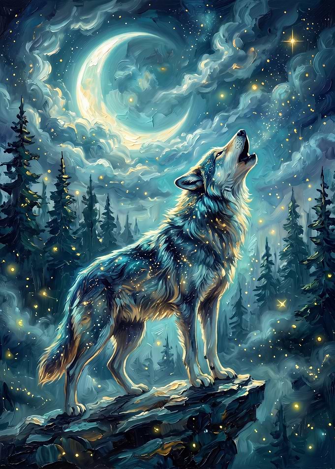 Wolf Howling at Crescent Moon