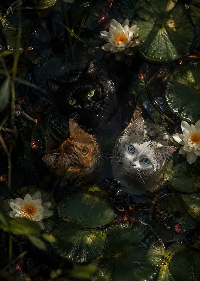 Three Cats in a Lily Pond