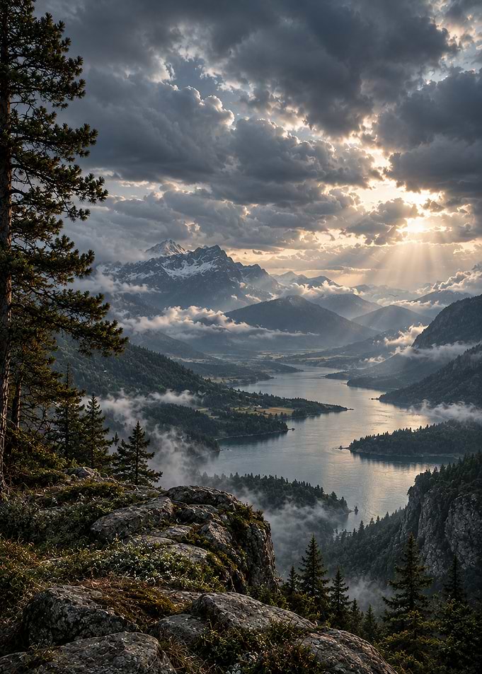 Dramatic Mountain Lake Sunset View
