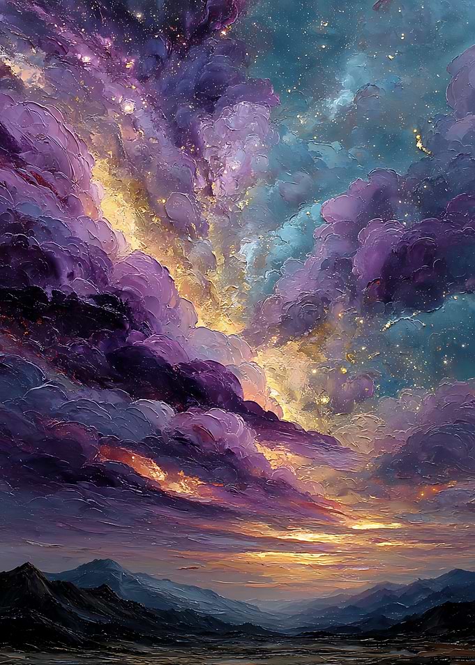 Ethereal Purple Nebula Mountain Sunset