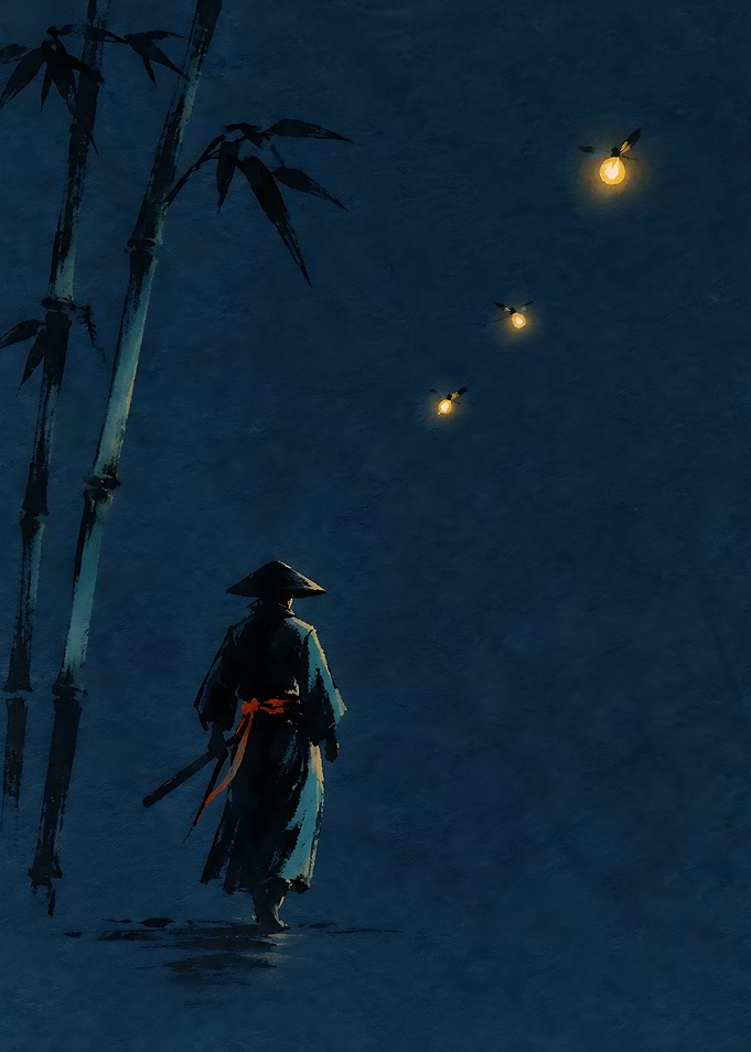 Samurai Walking Past Bamboo at Night