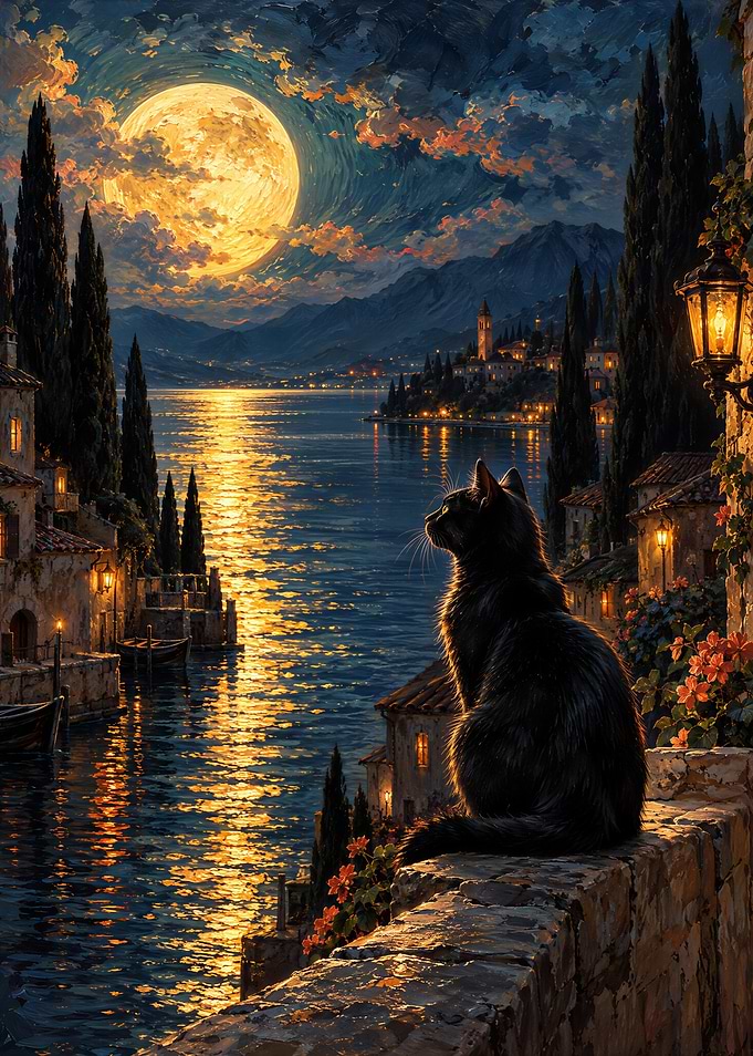 Black Cat Watching Moonlit Lake Starry Night