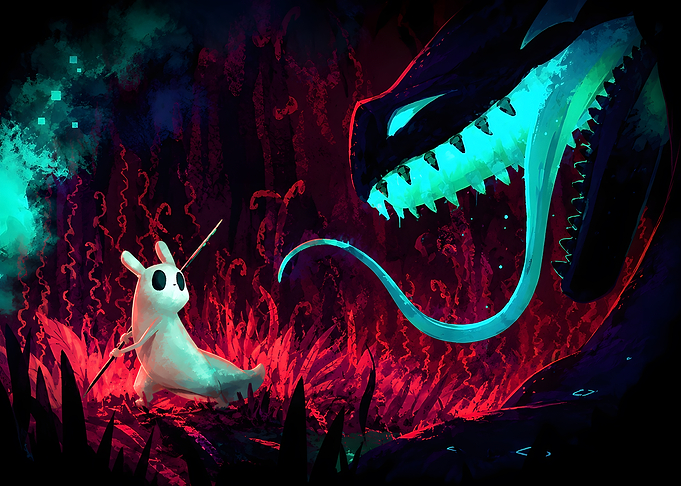 Slugcat Facing a Lizard in Rain World