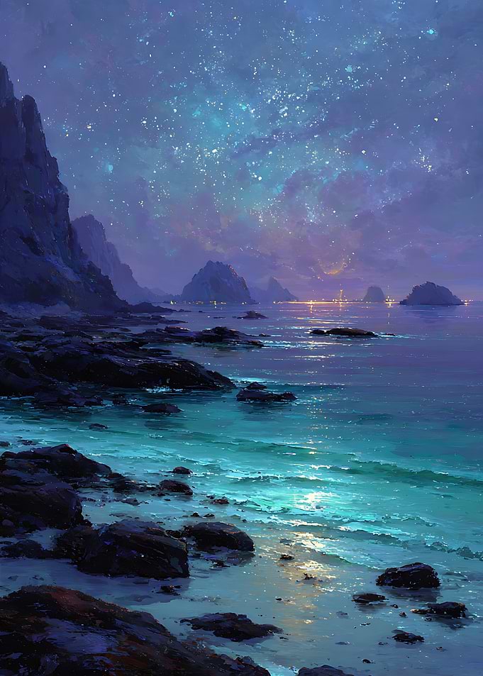 Ethereal Night Coastline Under Starry Sky