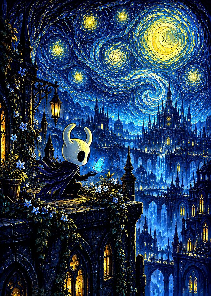 Hollow Knight in Starry Night Style