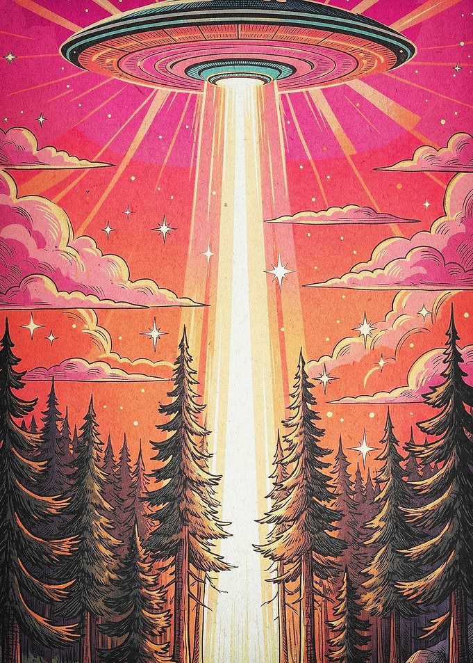 UFO Forest Abduction Retro Poster