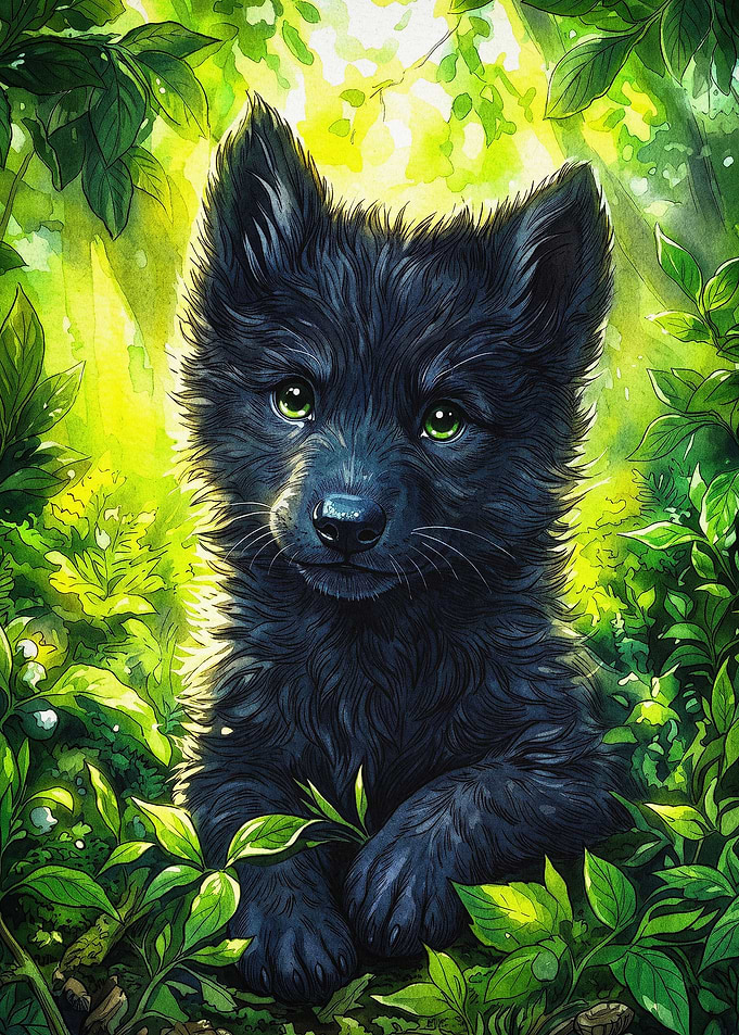 Black Wolf Pup Forest Art Poster