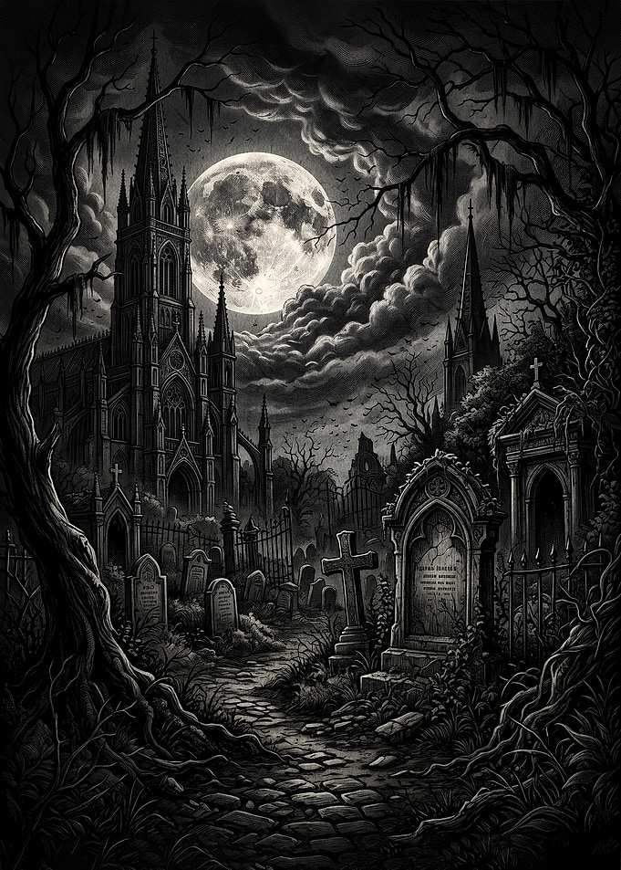Gothic Cemetery Under Full Moon