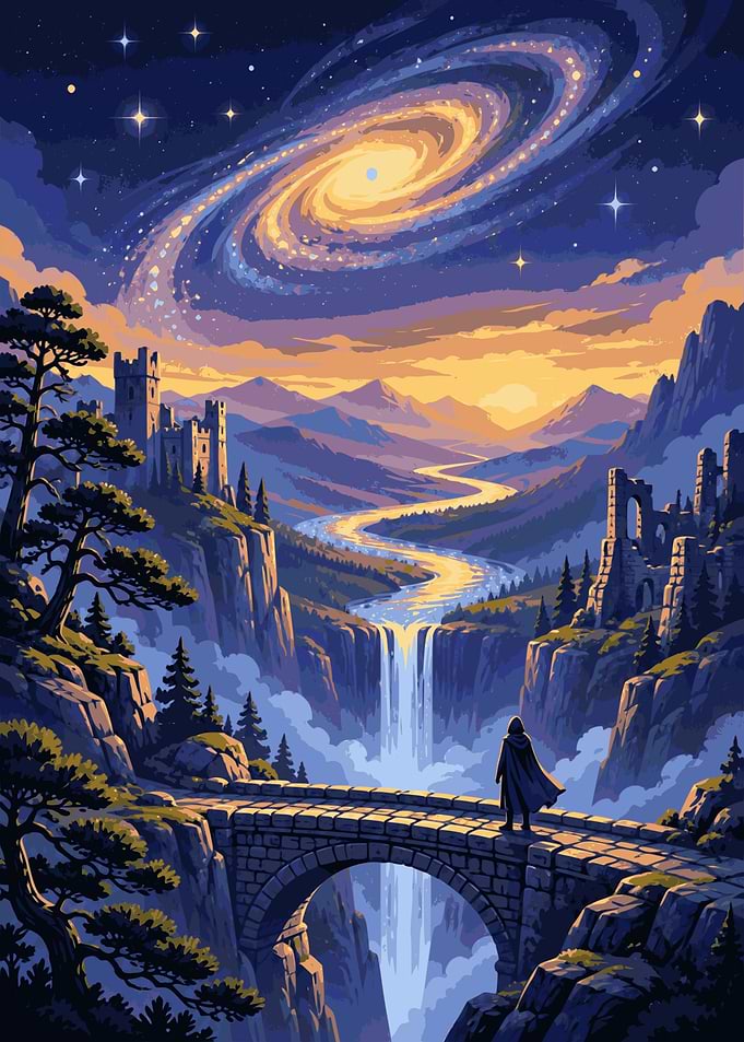 Lone Traveler at Fantasy Waterfall
