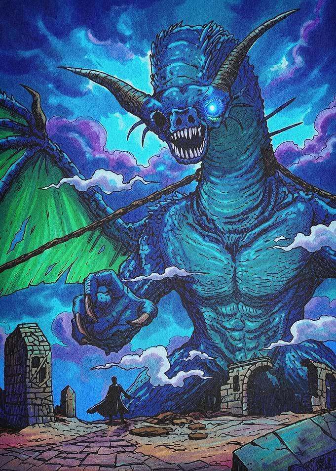 Blue Dragon Dark Fantasy Art Poster