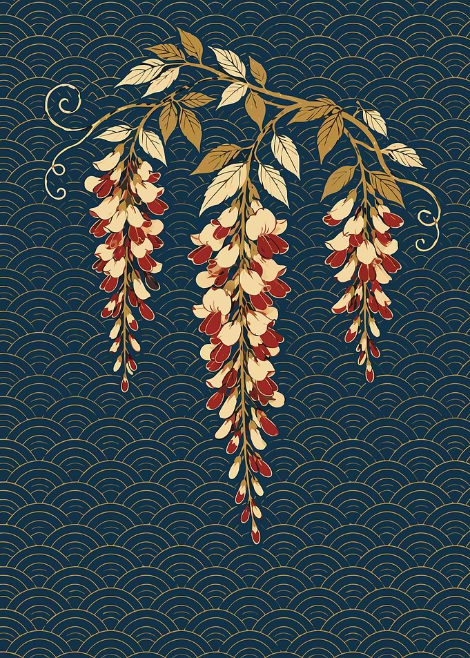 Japanese Art Poster: Wisteria Vine and Seigaiha Wave Pattern, Limited Colors