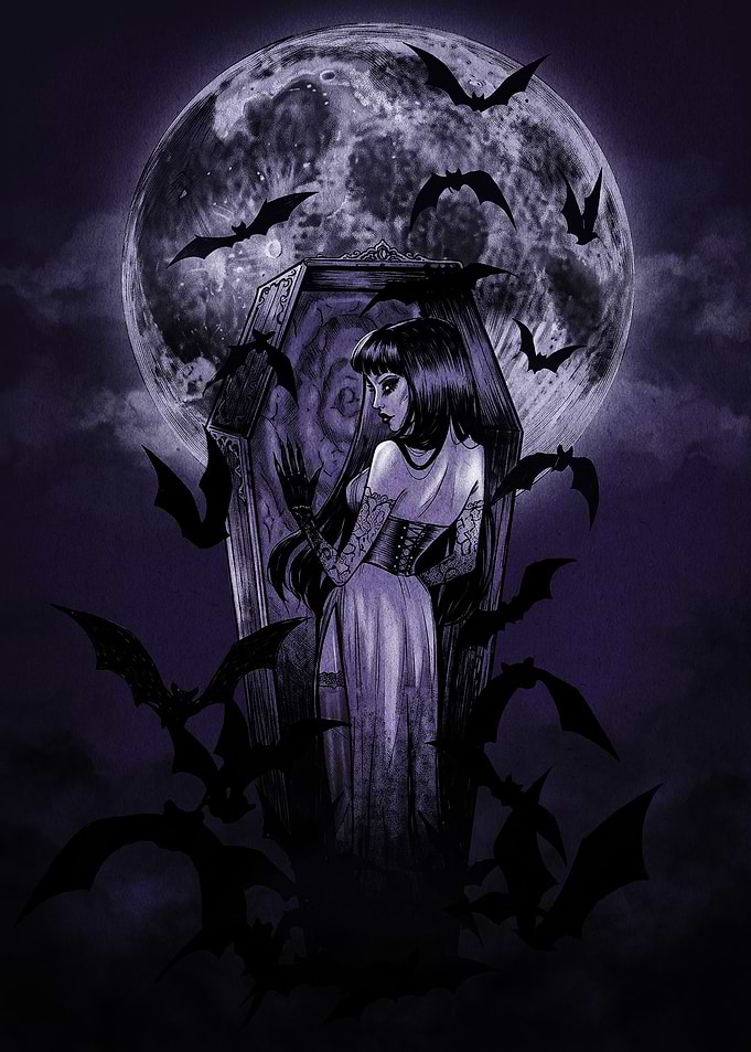 Gothic Vampire Woman and Coffin