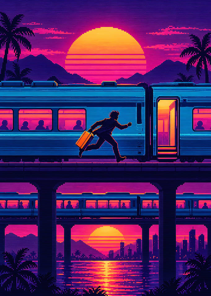 Retro Synthwave Commuter Sunset Train Art