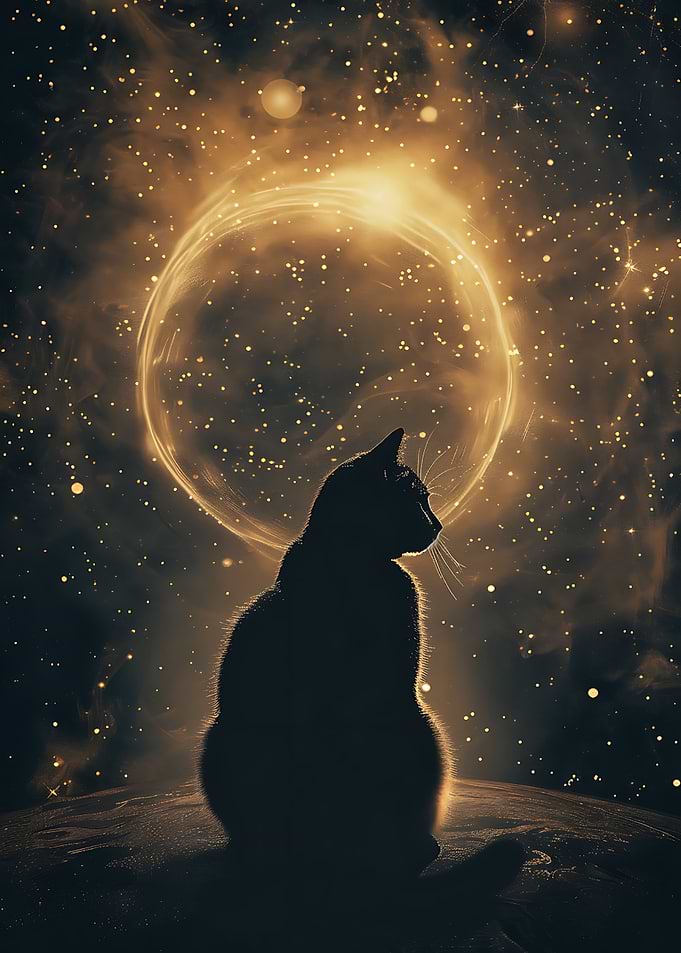 Cat Silhouette Against Glowing Cosmic Moon