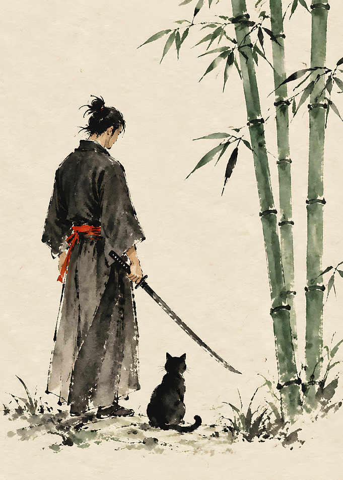 Samurai and Cat in Bamboo Forest