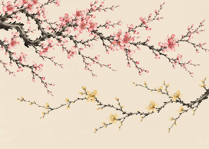 Traditional Ink Wash Cherry Blossom Branches