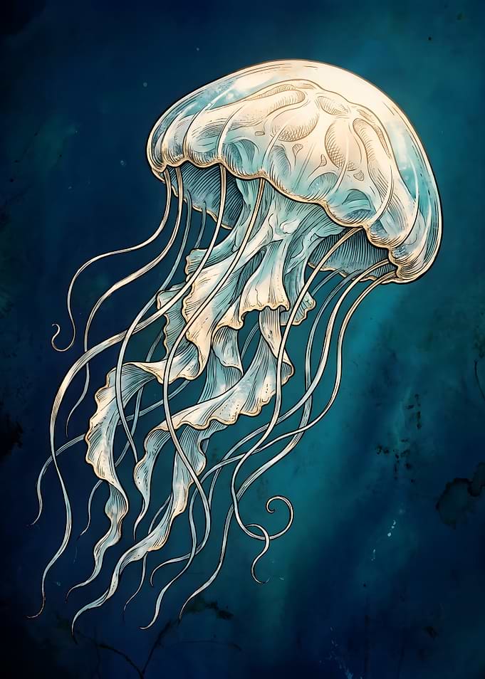 Elegant Illustrated Jellyfish in Deep Blue