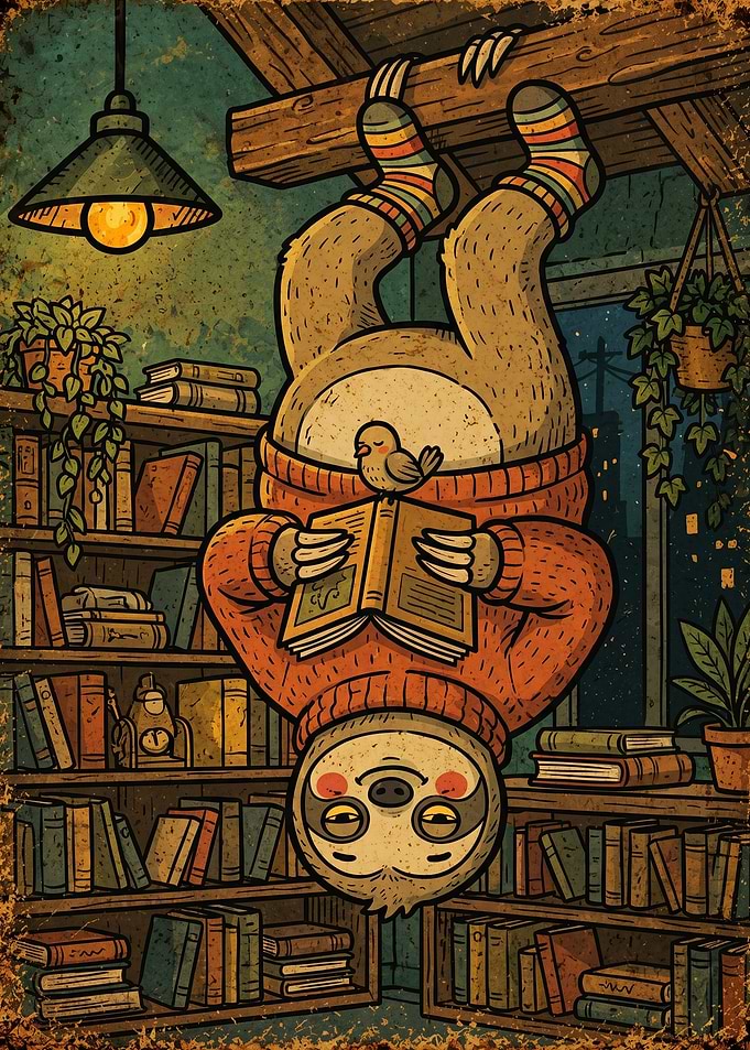 Cozy Sloth Reading in Library